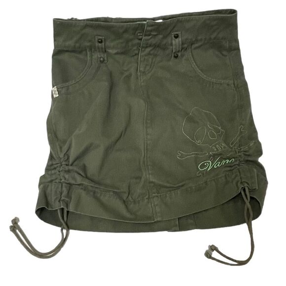 VANS Army Green Drawstring Cinch Embroidered Skull Motif Straight Short Skirt - Picture 3 of 16